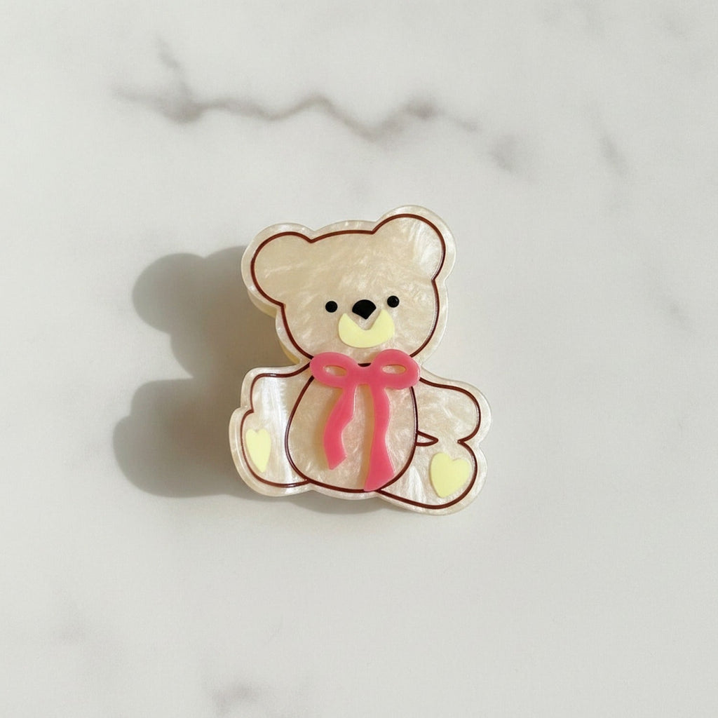 Teddy Bear Hair Claw With Bow - Matte Beige #2