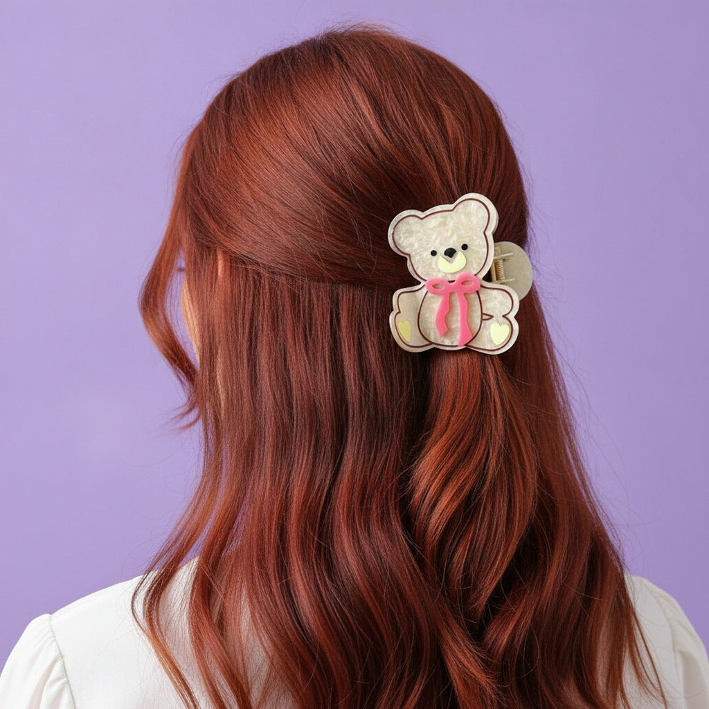 Teddy Bear Hair Claw With Bow - Matte Beige #2