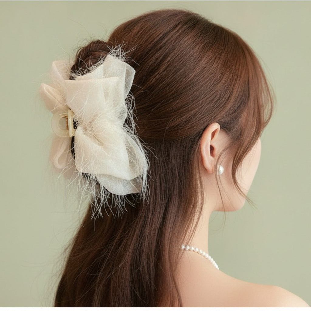 Cream Feather Flower Hair Claw Clip – hair accessories (view 3)