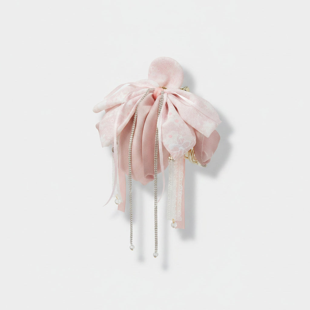 Pink Velvet Flower Hair Claw With Pearl Chains – hair accessories (view 1)