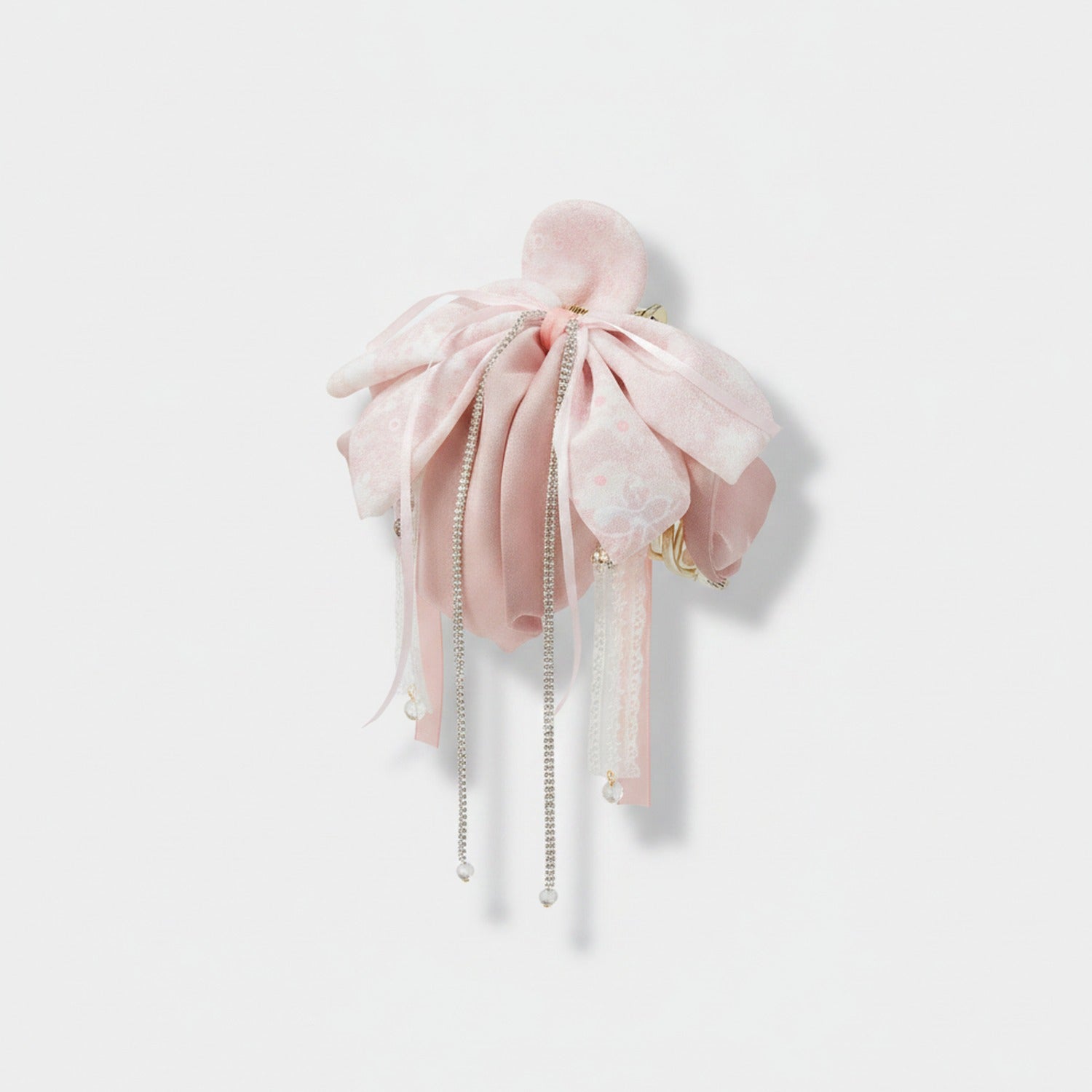 Pink Velvet Flower Hair Claw With Pearl Chains