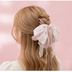 Pink Velvet Flower Hair Claw With Pearl Chains – hair accessories (view 3)