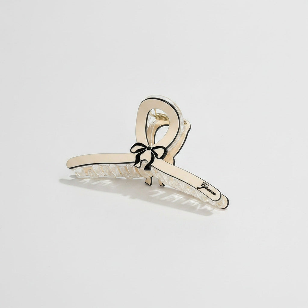 Rhinestone Bow Hair Claw Clip - Beige Medium 11cm