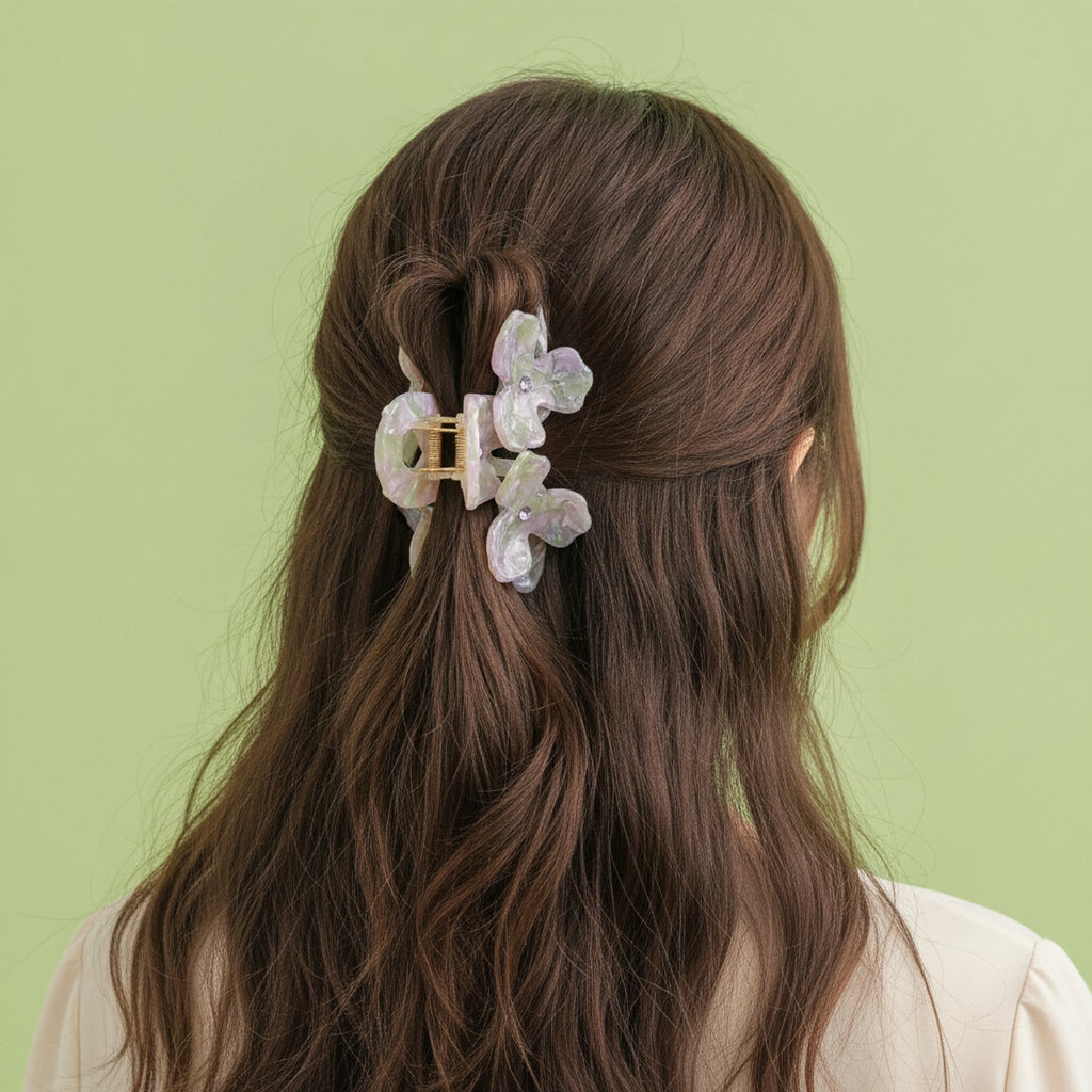 Pearl Flower Crystal Hair Claw - Pink Green 10.5cm