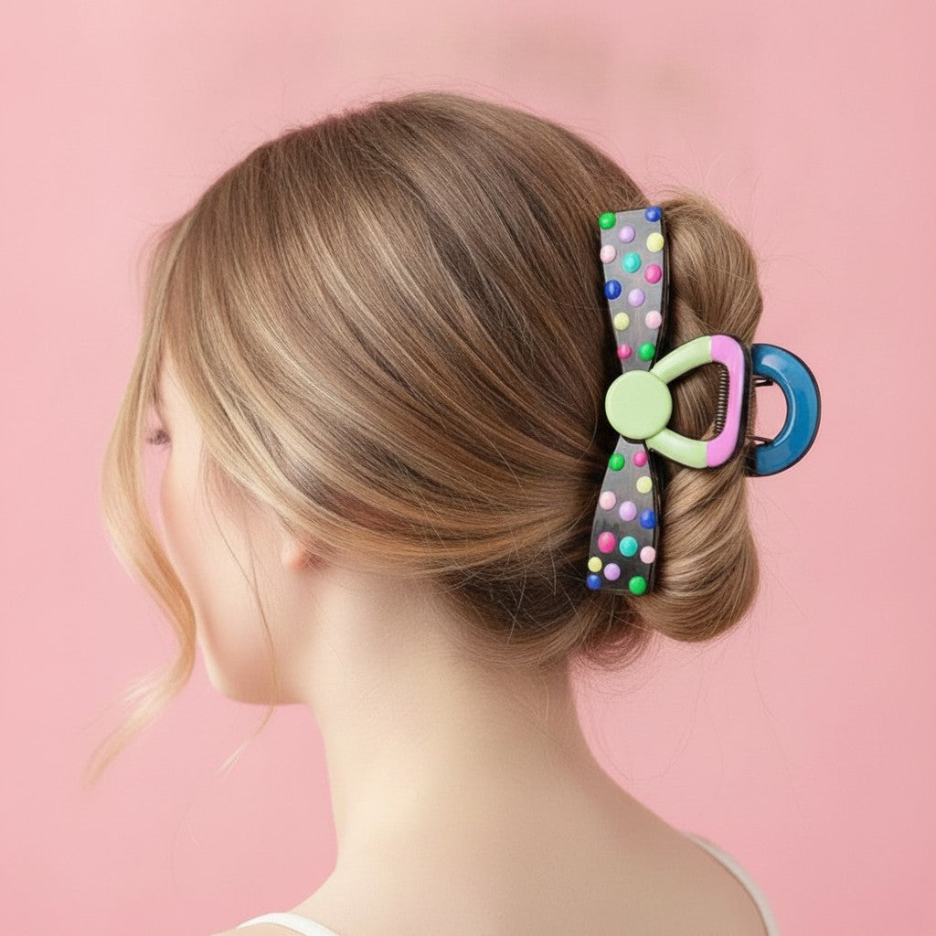 Colorful Beaded Hair Claw Clip With Hello Charm – hair accessories (view 2)