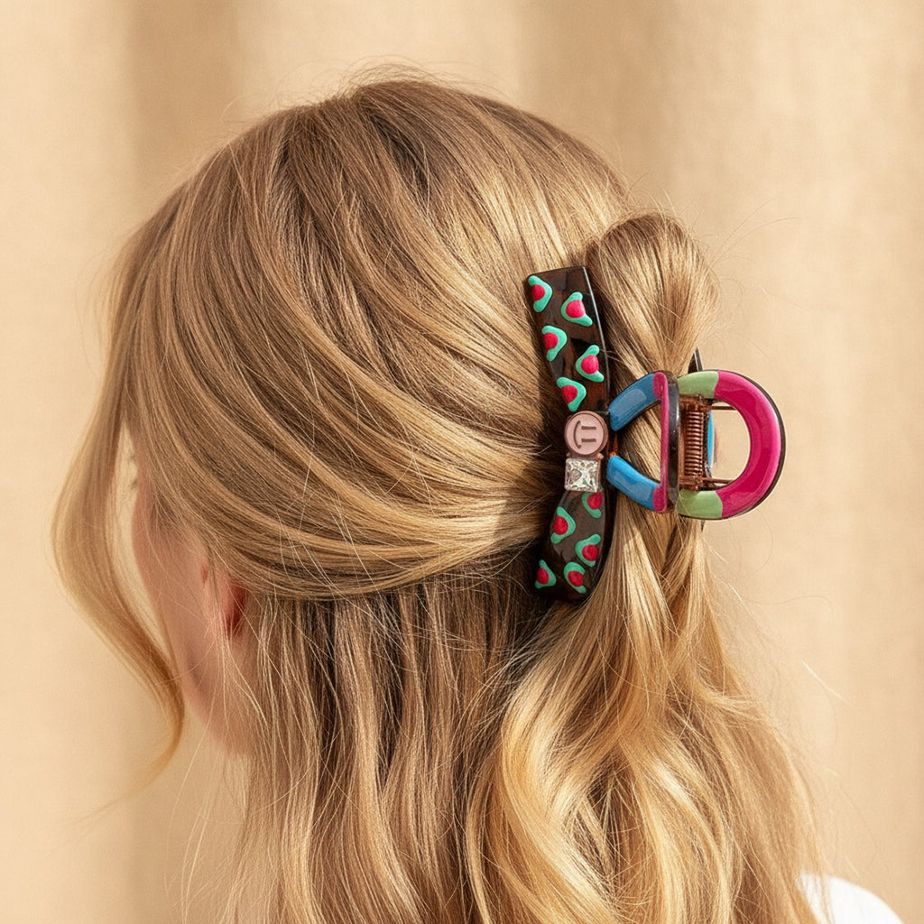 Tortoiseshell Heart Claw Clip With Rhinestone Charm – hair accessories (view 2)