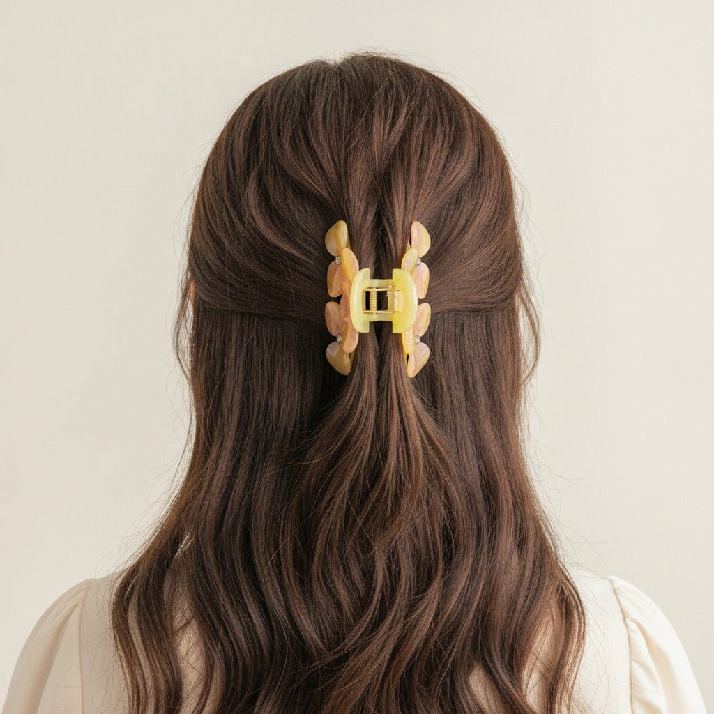 Flower Beaded Resin Hair Claw - Pink Yellow 9.1cm