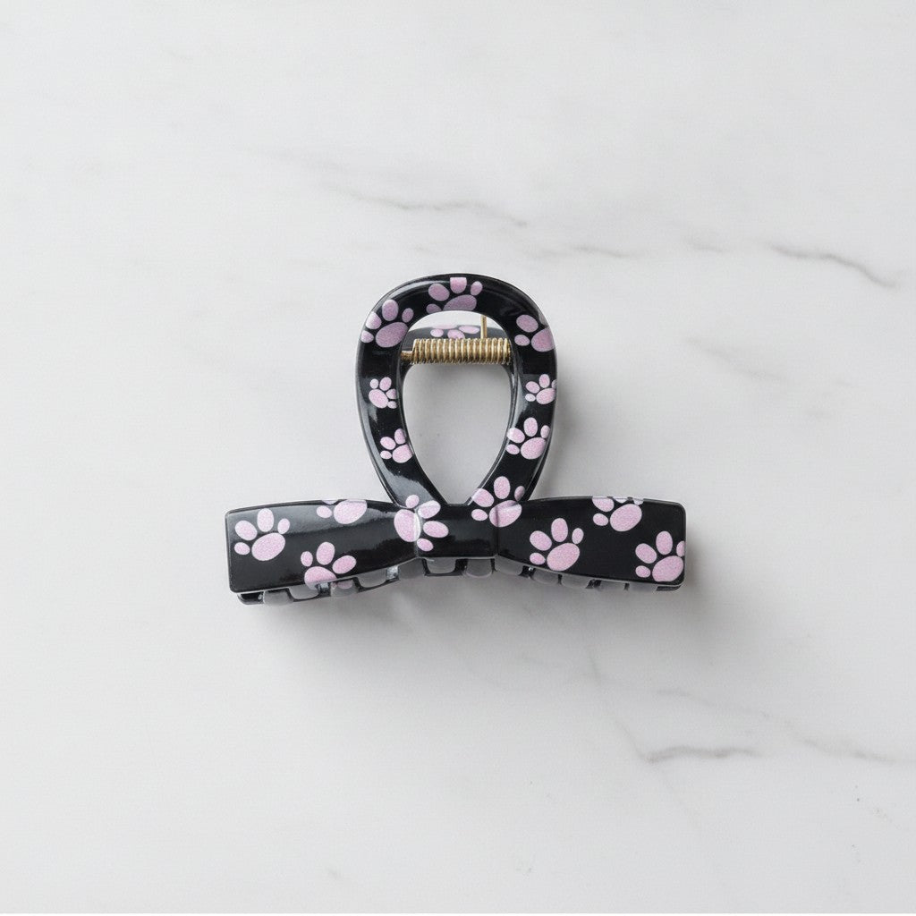 Paw Print Hair Claw Clip - Black Bow