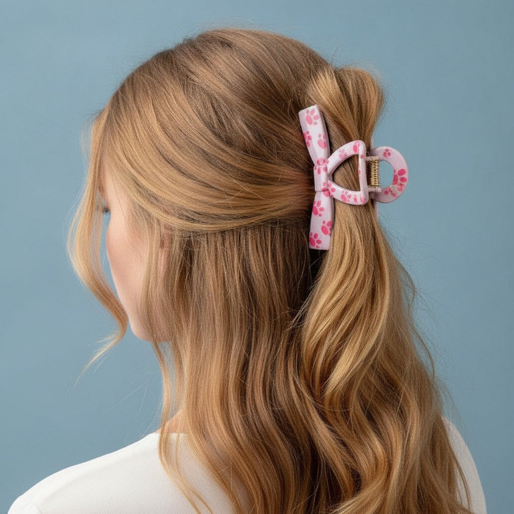Paw Print Hair Claw Clip - Pink Bow