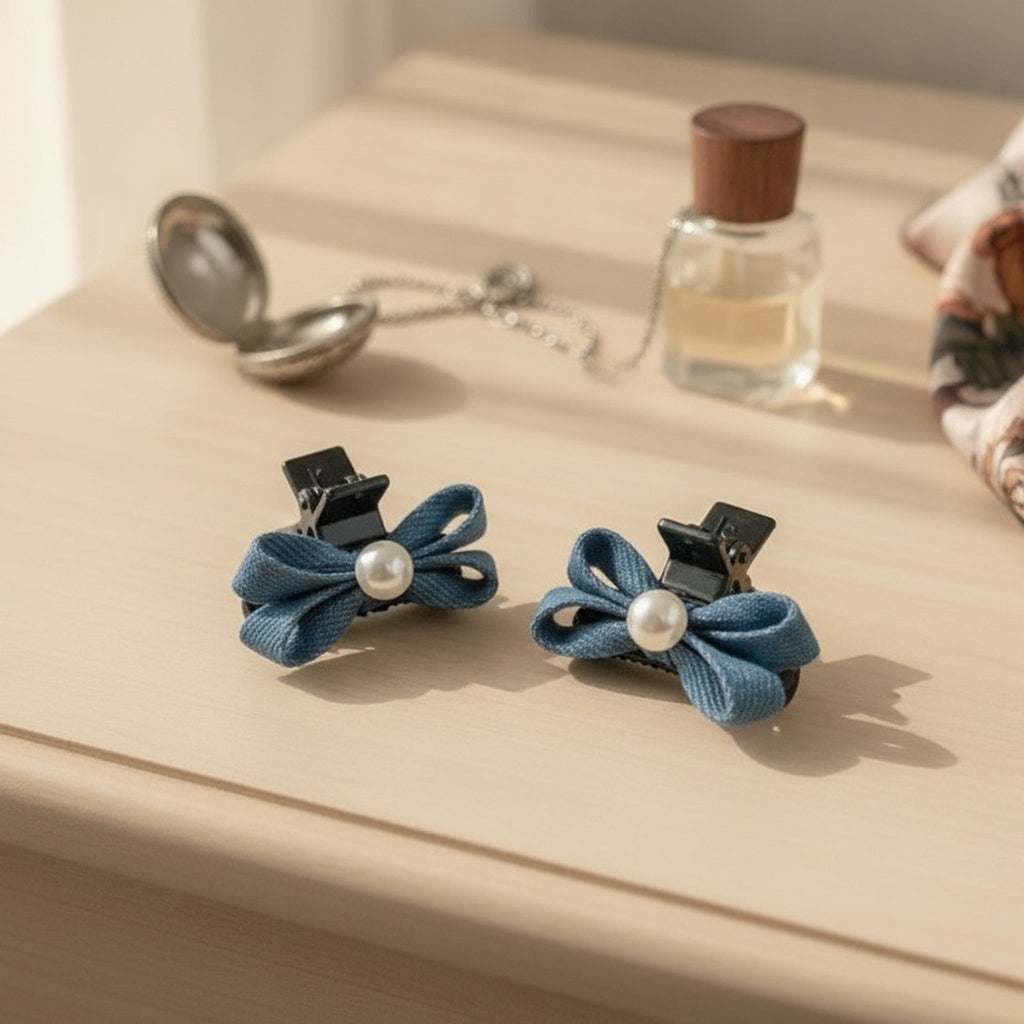 Cute Denim Bow Pearl Mini Hair Clips – hair accessories (view 3)