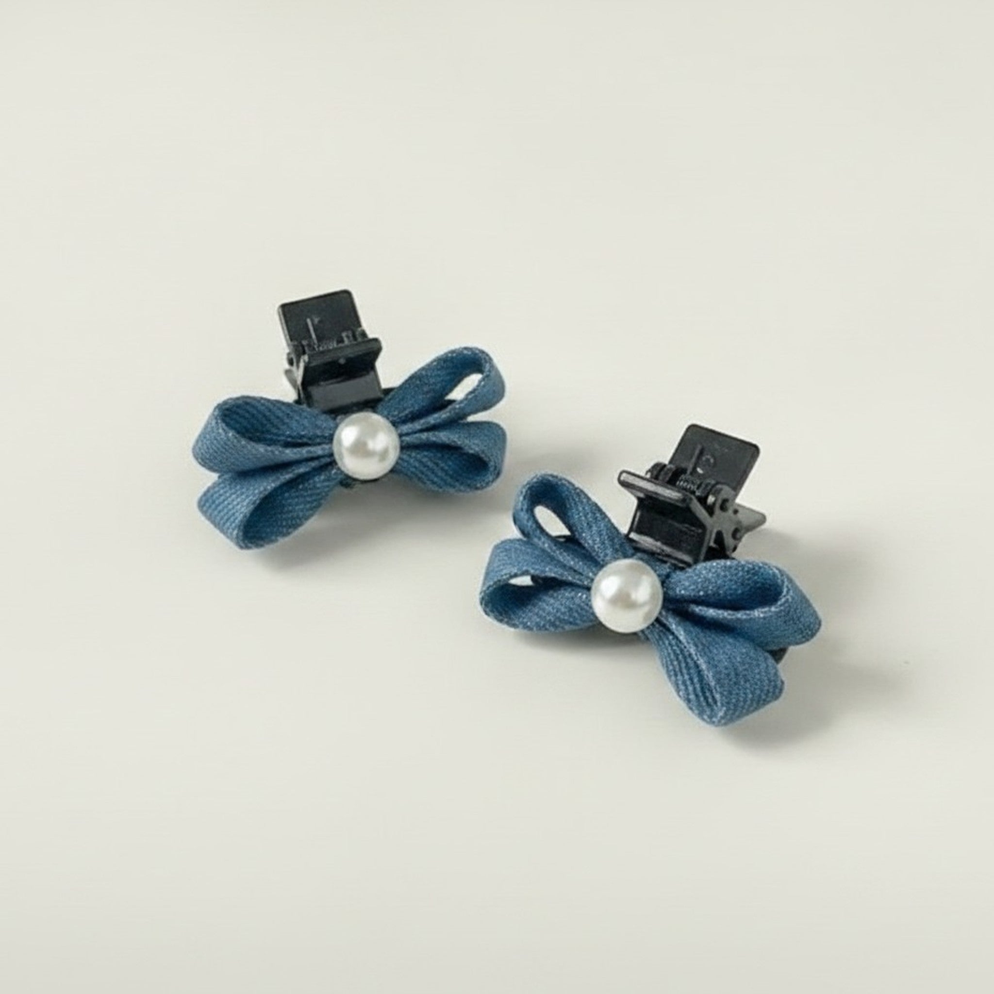 Cute Denim Bow Pearl Mini Hair Clips – hair accessories (view 1)