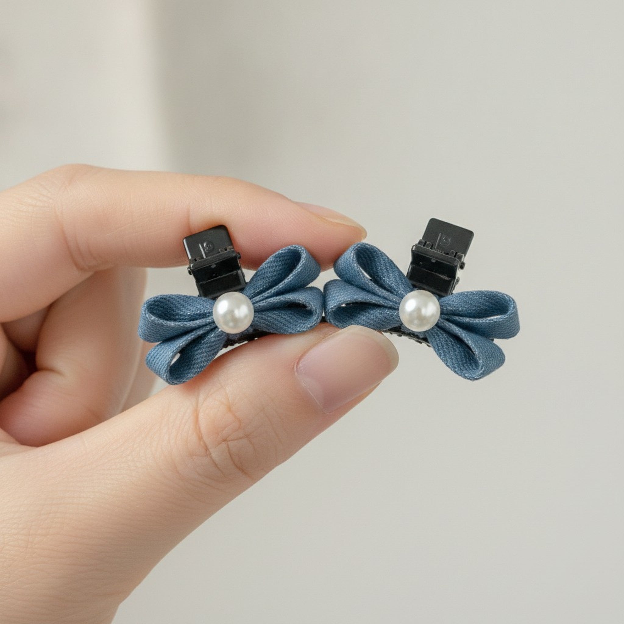 Cute Denim Bow Pearl Mini Hair Clips – hair accessories (view 4)