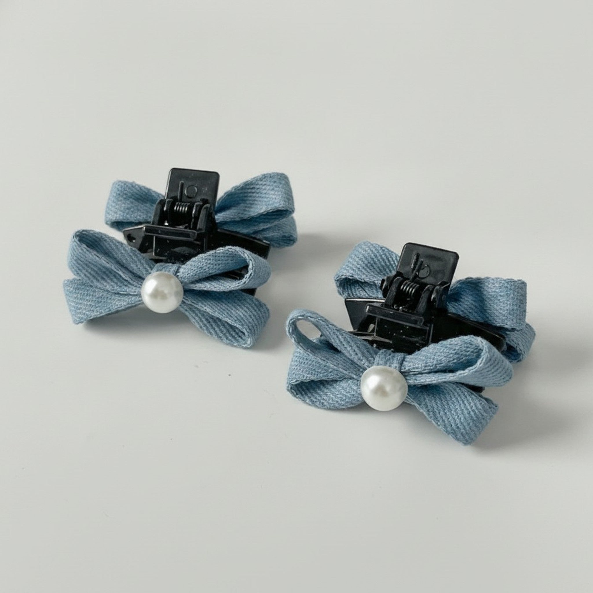 Cute Denim Bow Pearl Mini Hair Clips – hair accessories (view 2)