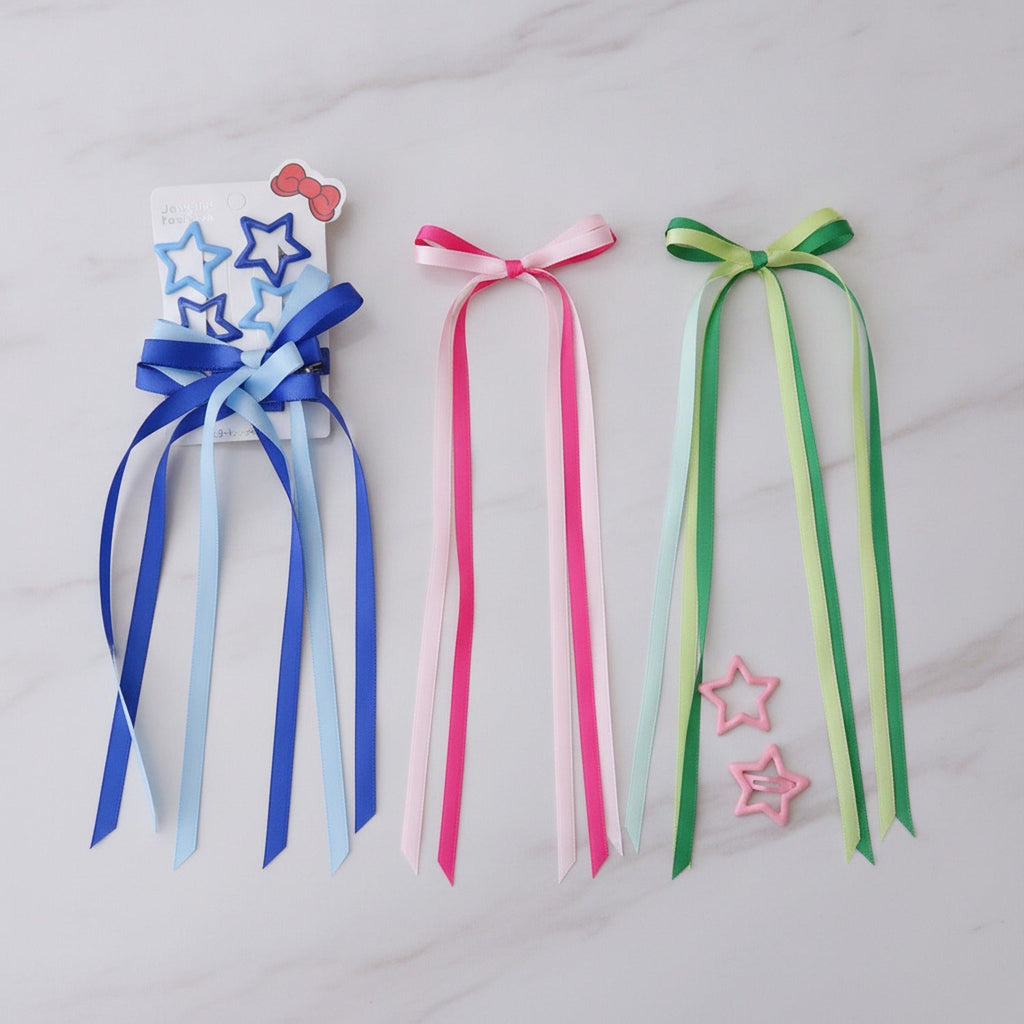 Star & Bow Hair Clip Set - Dual Blue