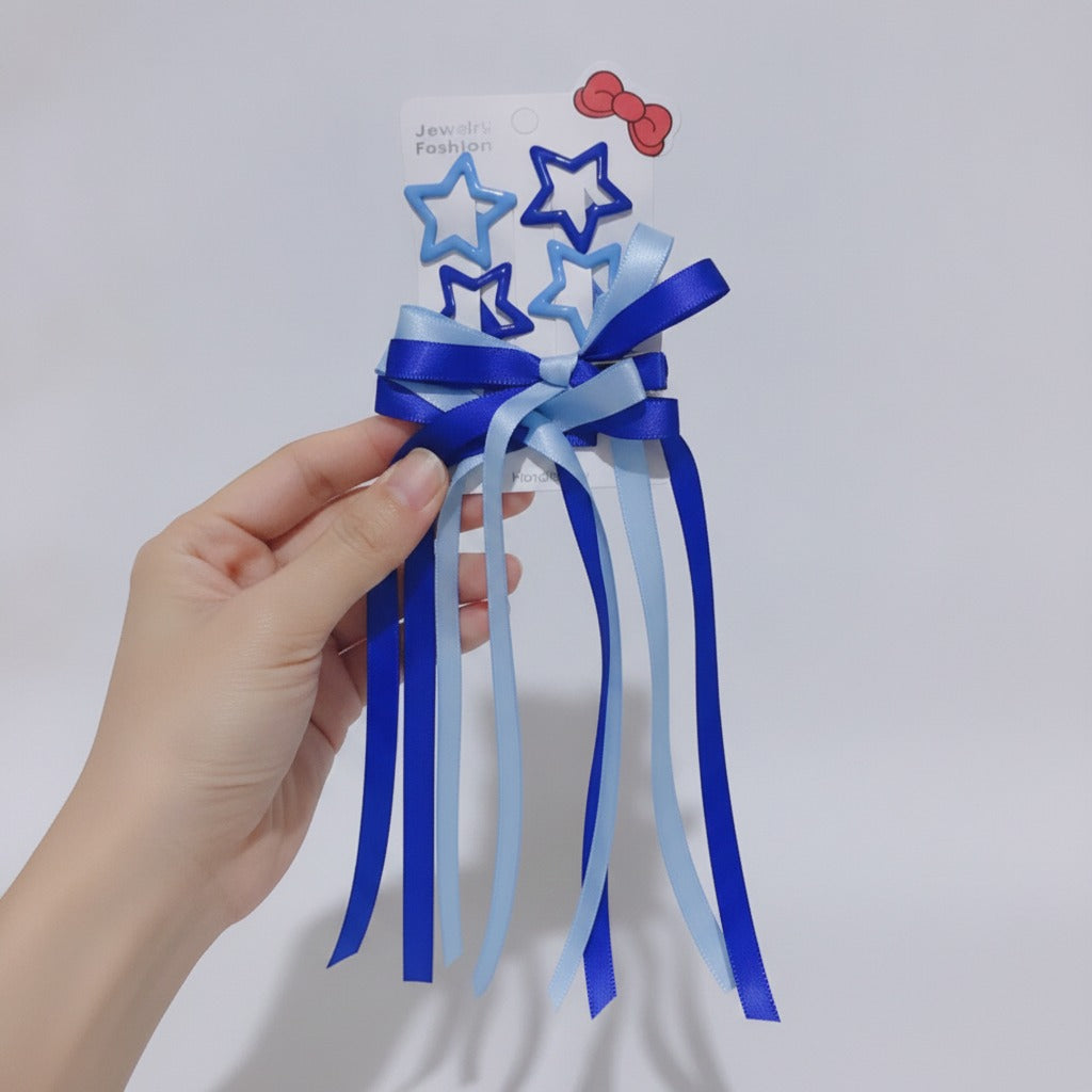 Star & Bow Hair Clip Set - Dual Blue – hair accessories (view 3)