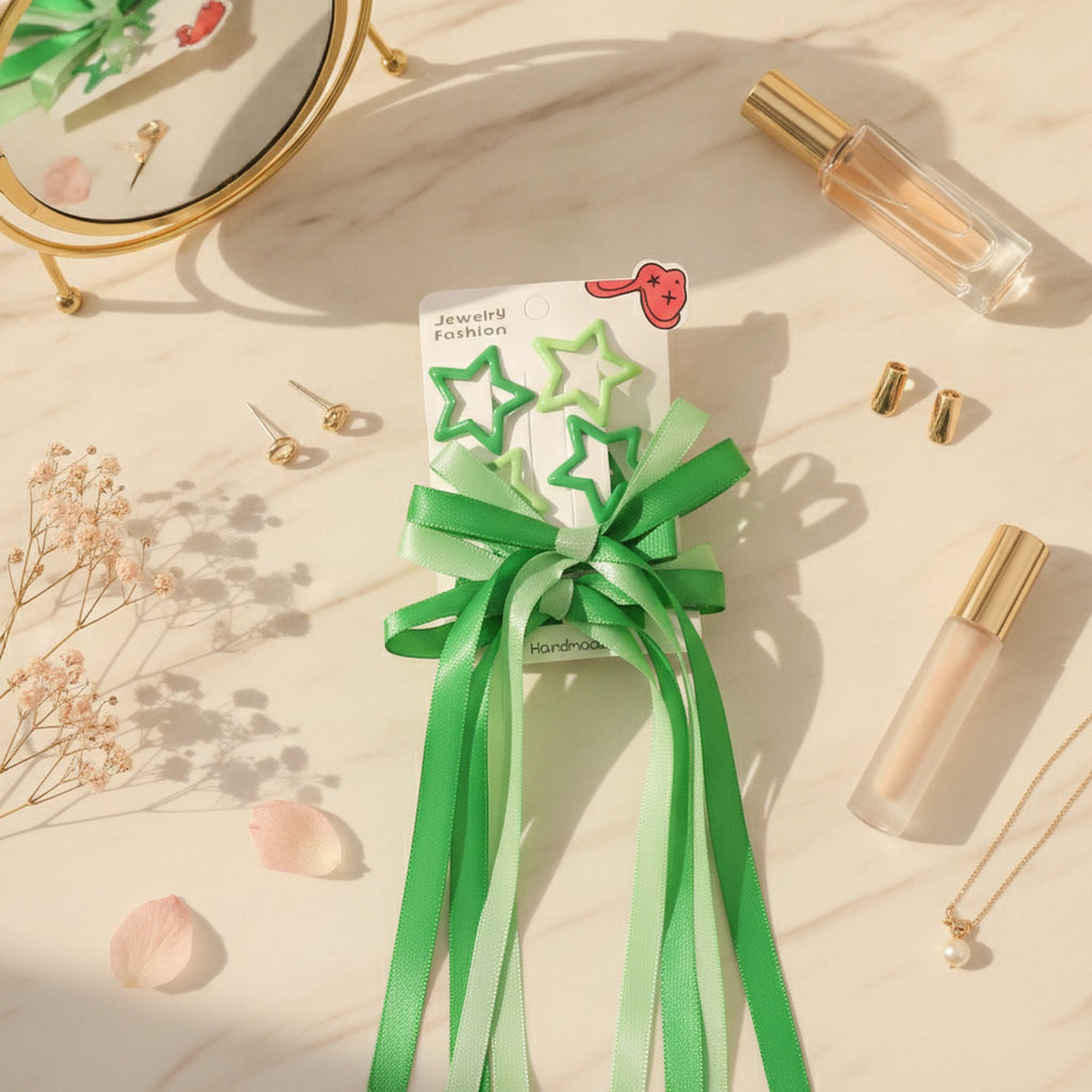 Star & Bow Hair Clip Set - Dual Green – hair accessories (view 2)