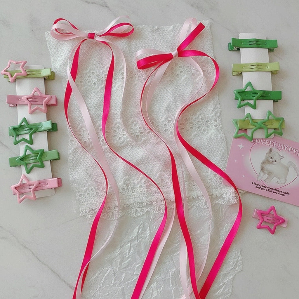 Star & Bow Hair Clip Set - Dual Green