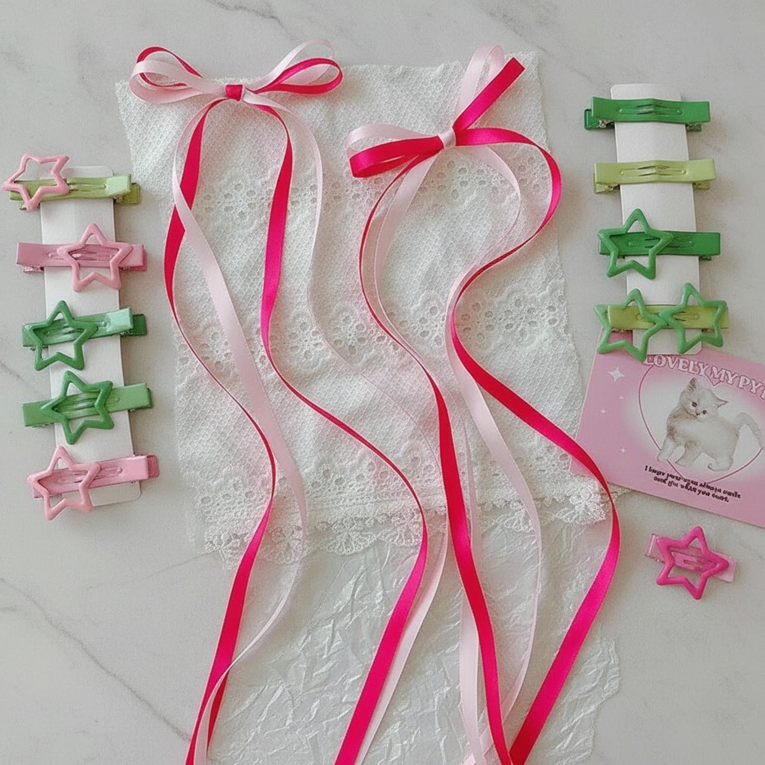 Star & Bow Hair Clip Set - Dual Green