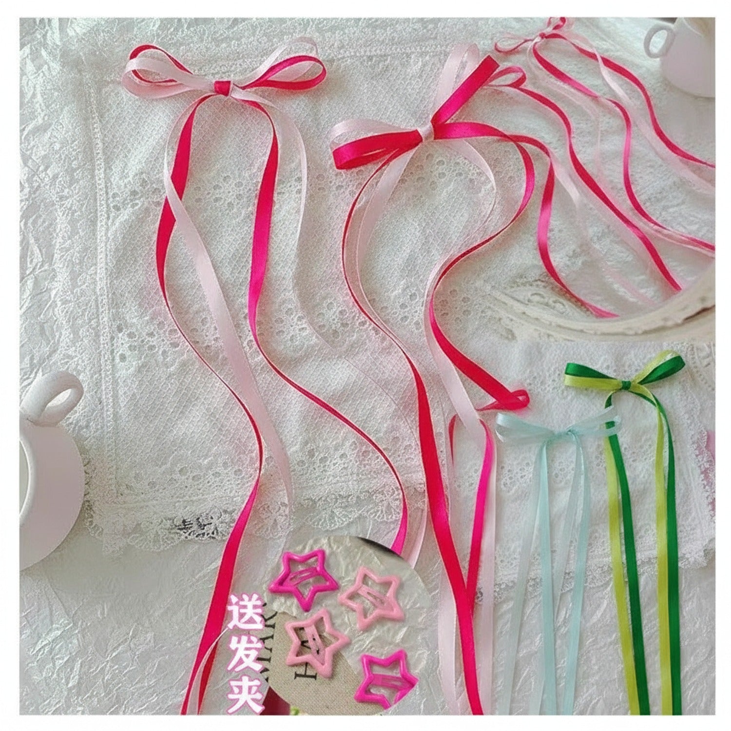 Star & Bow Hair Clip Set - Pink & Light Pink
