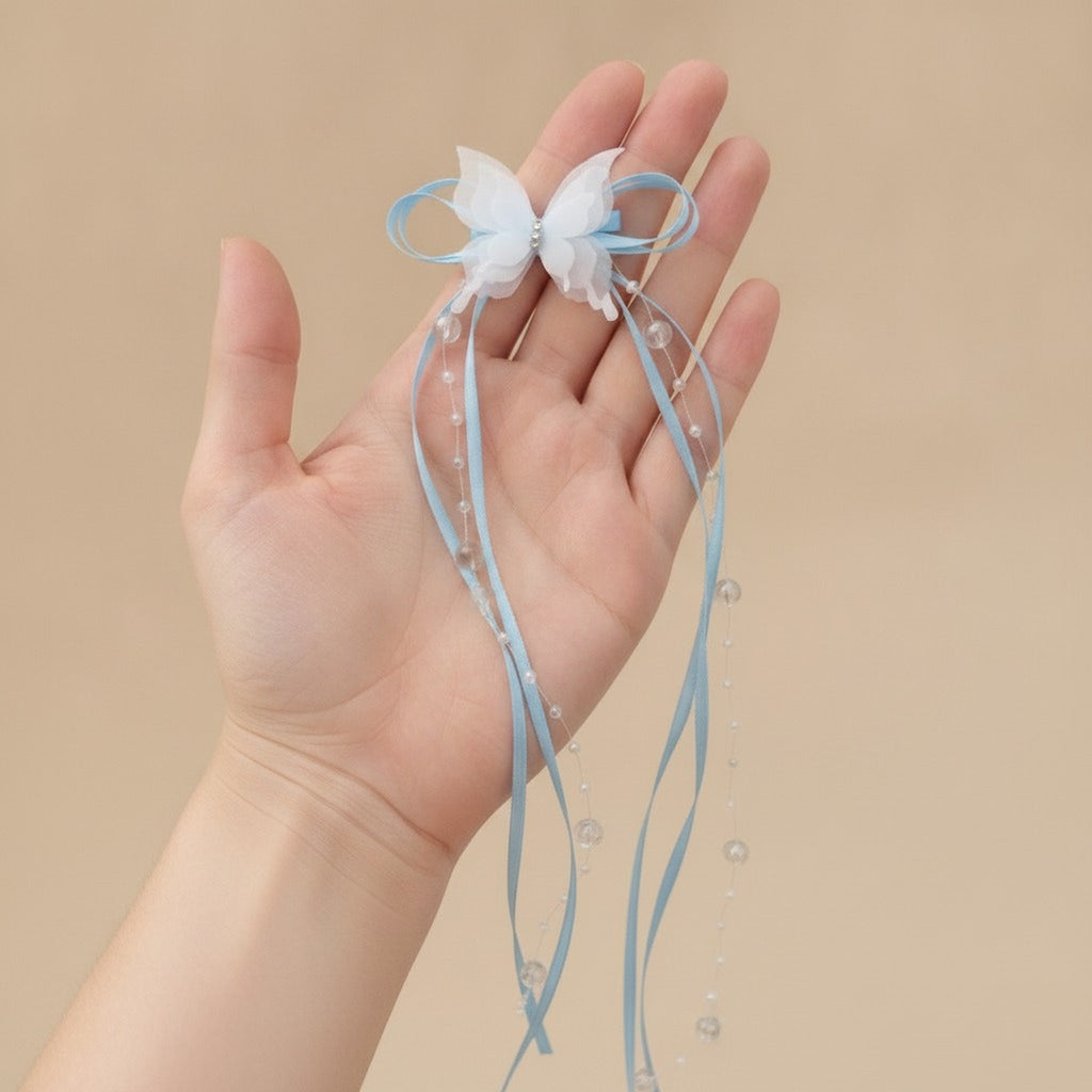 Butterfly Ribbon Dangling Pearl Hair Clip – hair accessories (view 4)