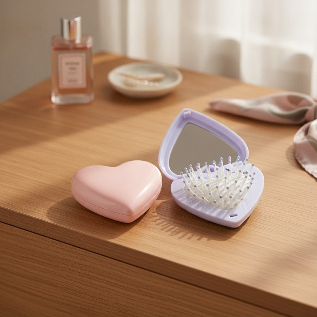 Heart Compact Mirror Hair Brush Set – Korean beauty tool (view 3)