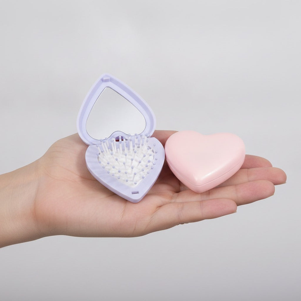 Heart Compact Mirror Hair Brush Set – Korean beauty tool (view 4)