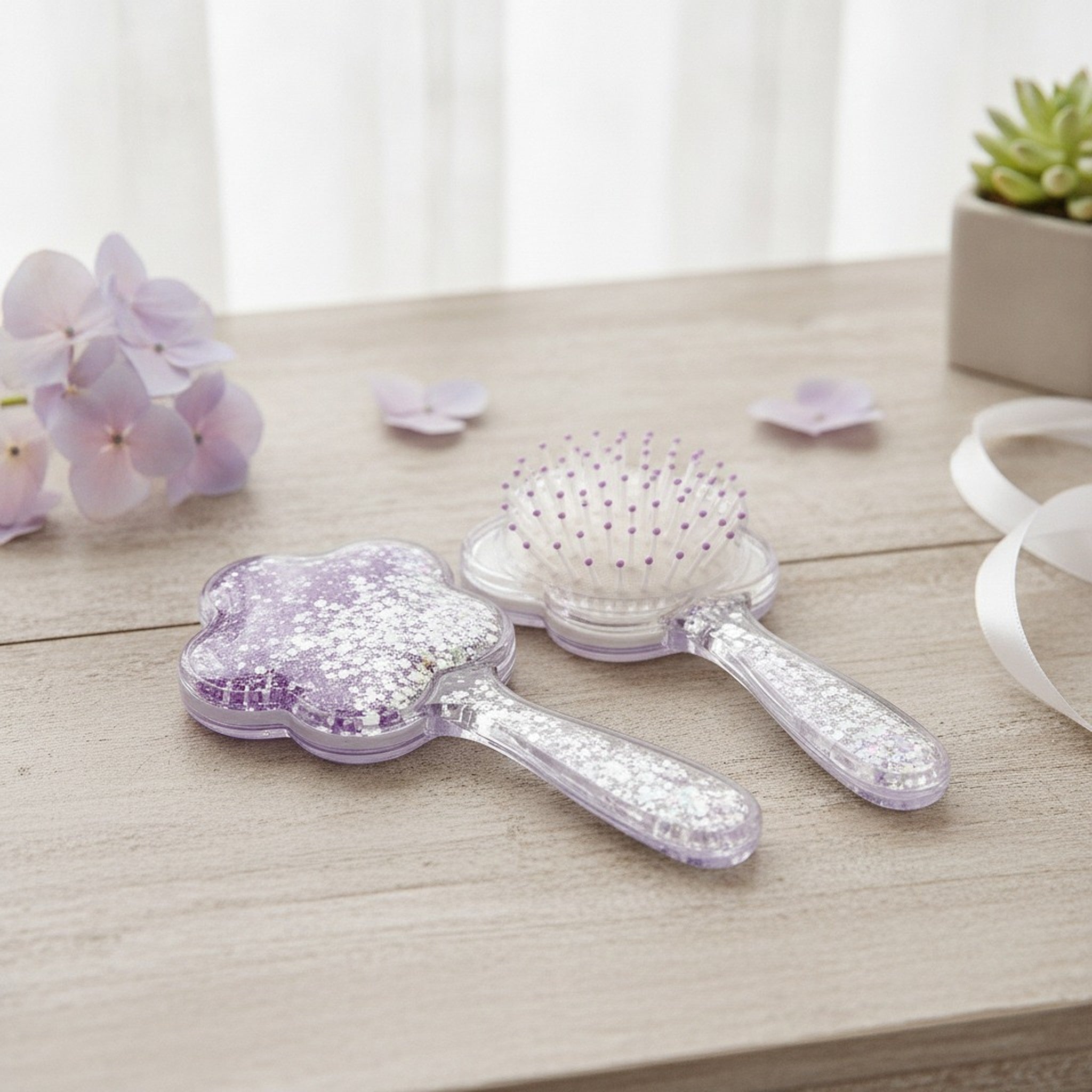 Clear Glitter Flower Design Hairbrush – hair accessories (view 3)