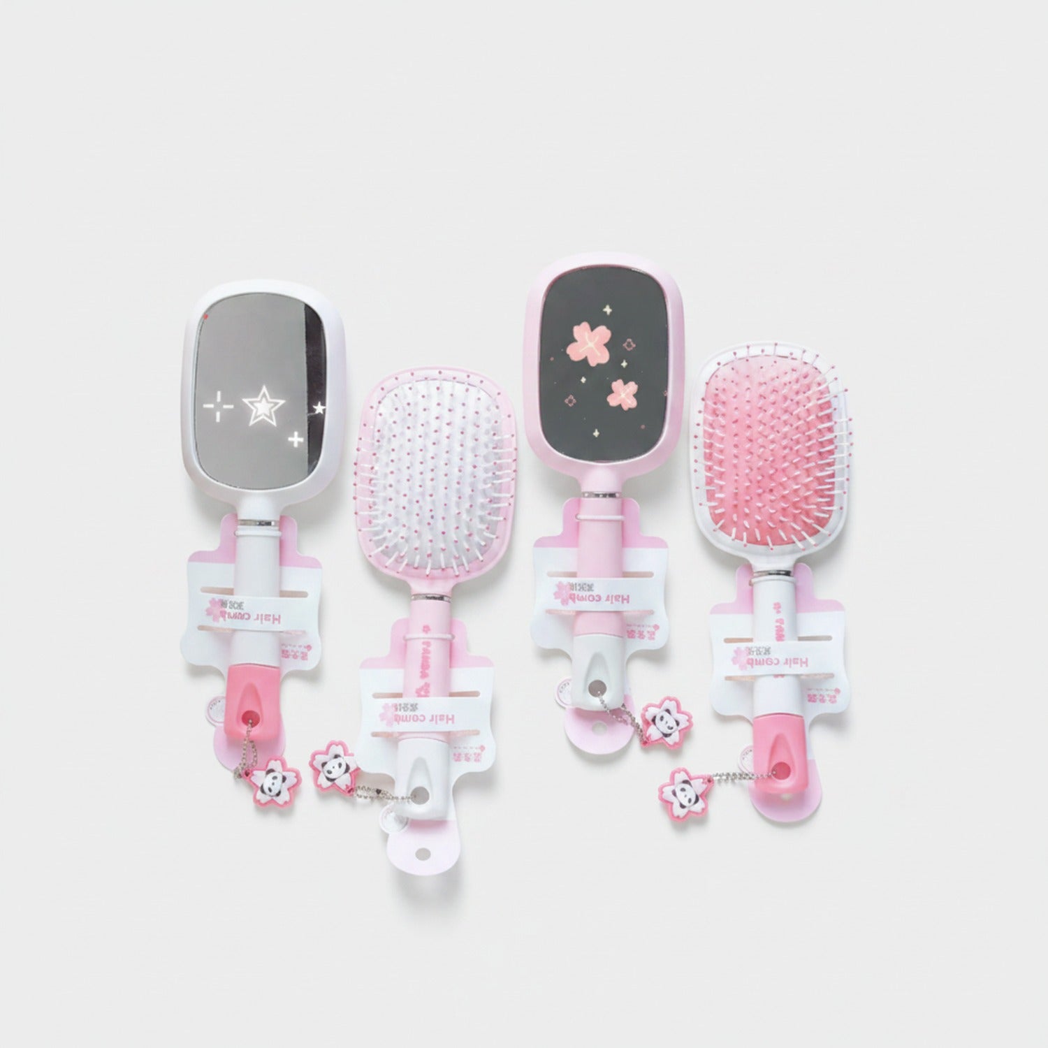 Pink Flower Charm Hair Brush Set With Mirror