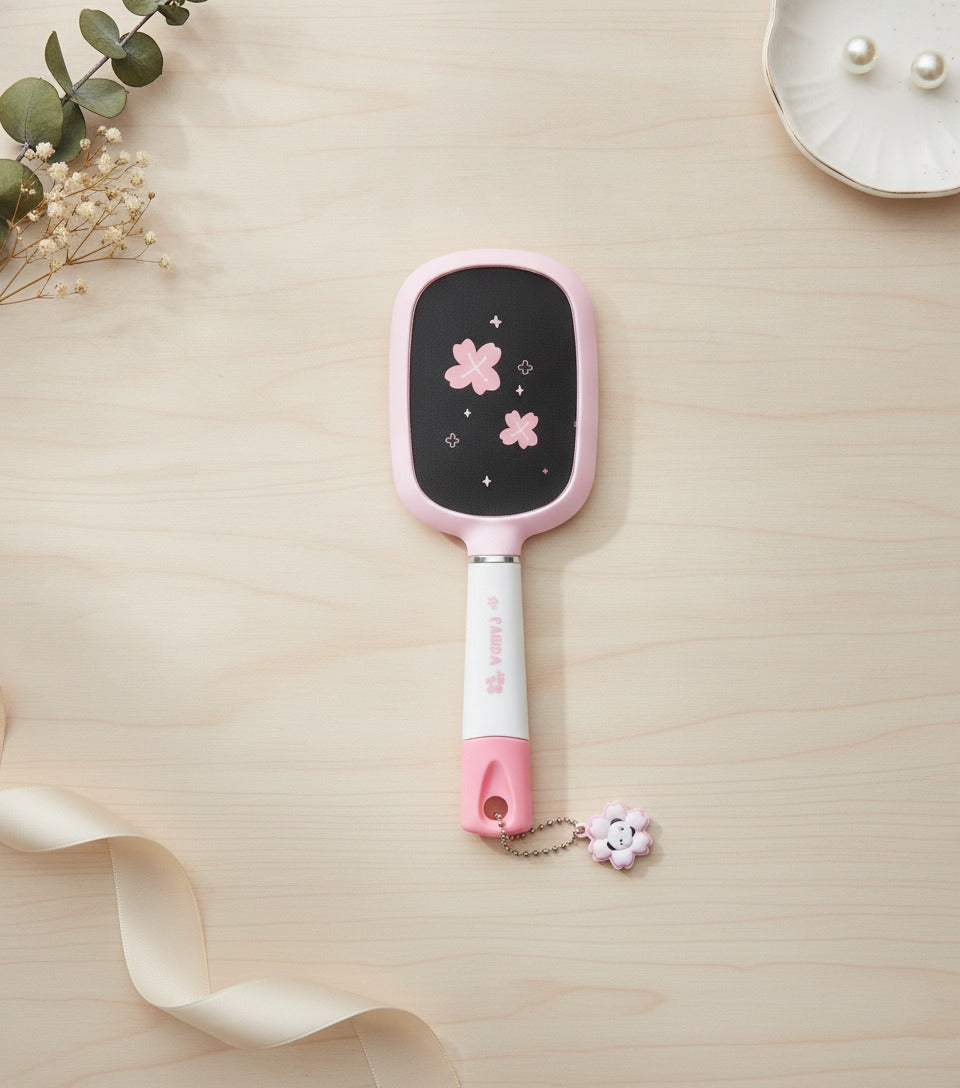 Pink Flower Charm Hair Brush Set With Mirror – Korean beauty tool (view 2)