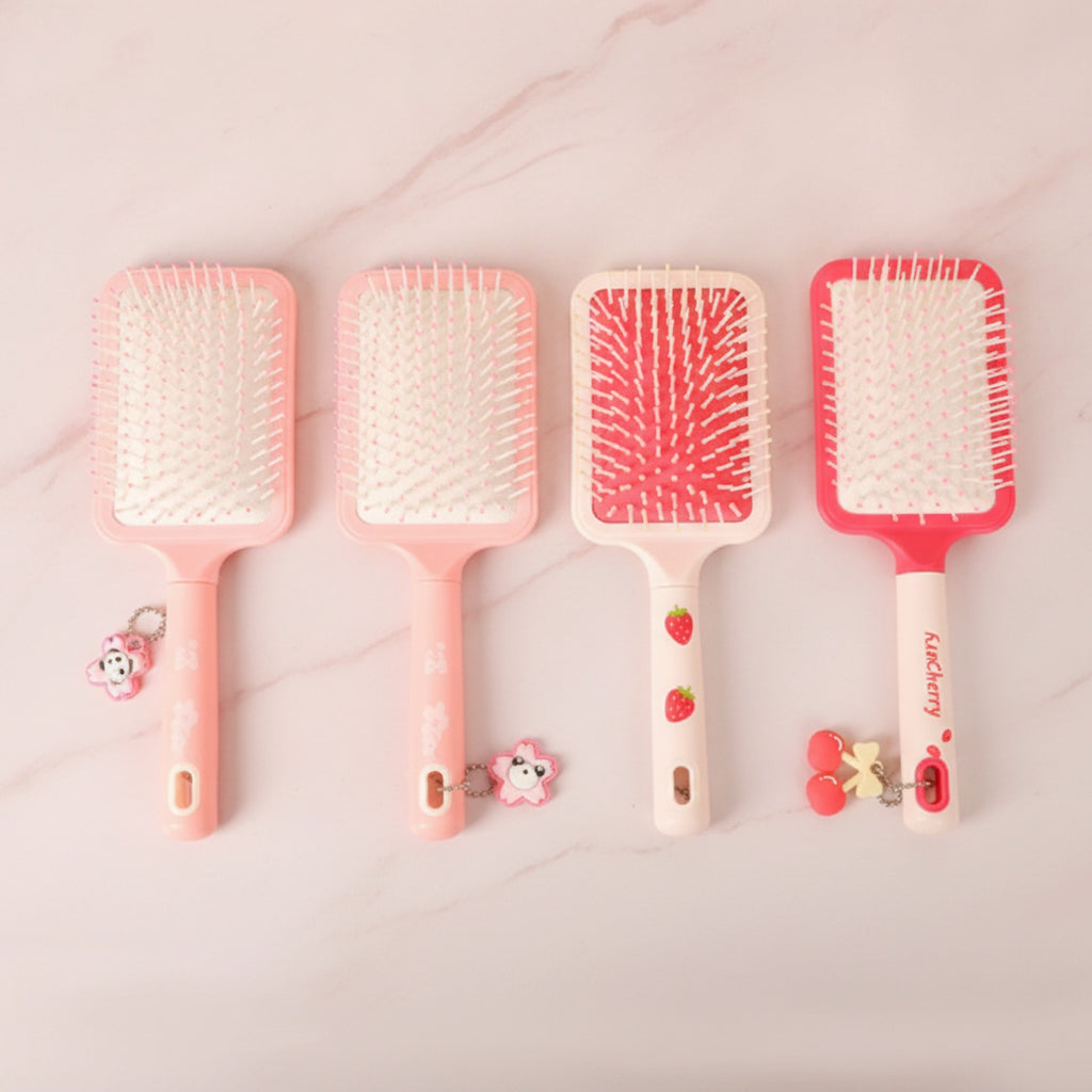 Pink Paddle Hair Brush Set With Charm Details – Korean beauty tool (view 2)