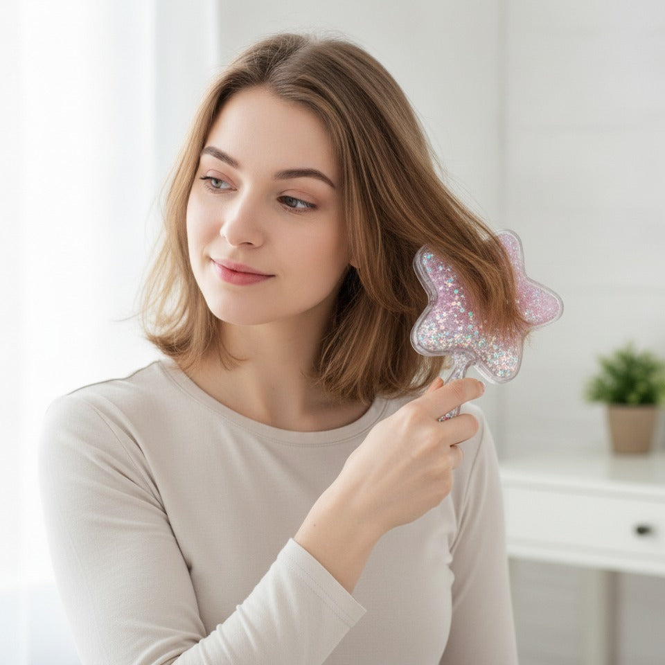 Star-Shaped Glitter Hair Brush With Beaded Handle – Korean beauty tool (view 3)