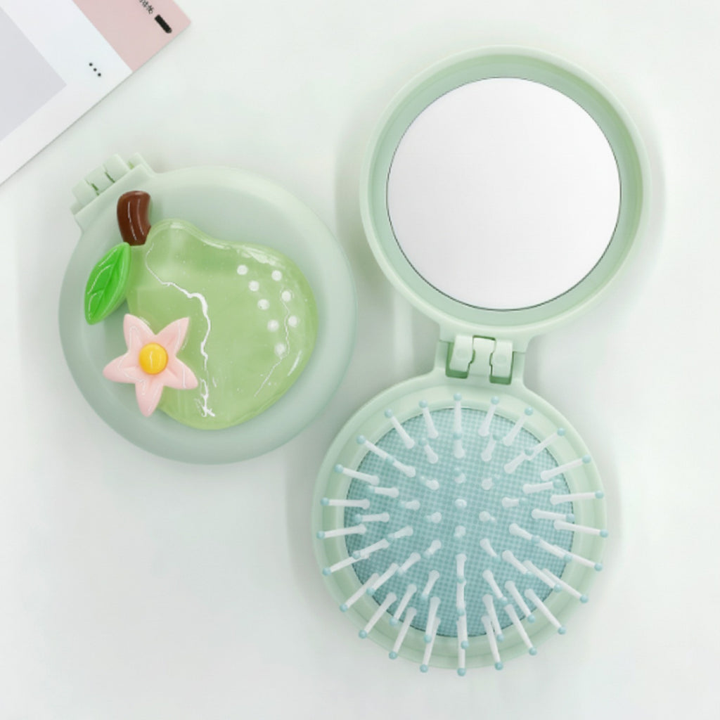 Mint Green Compact Mirror & Folding Hair Brush – Korean beauty tool (view 2)