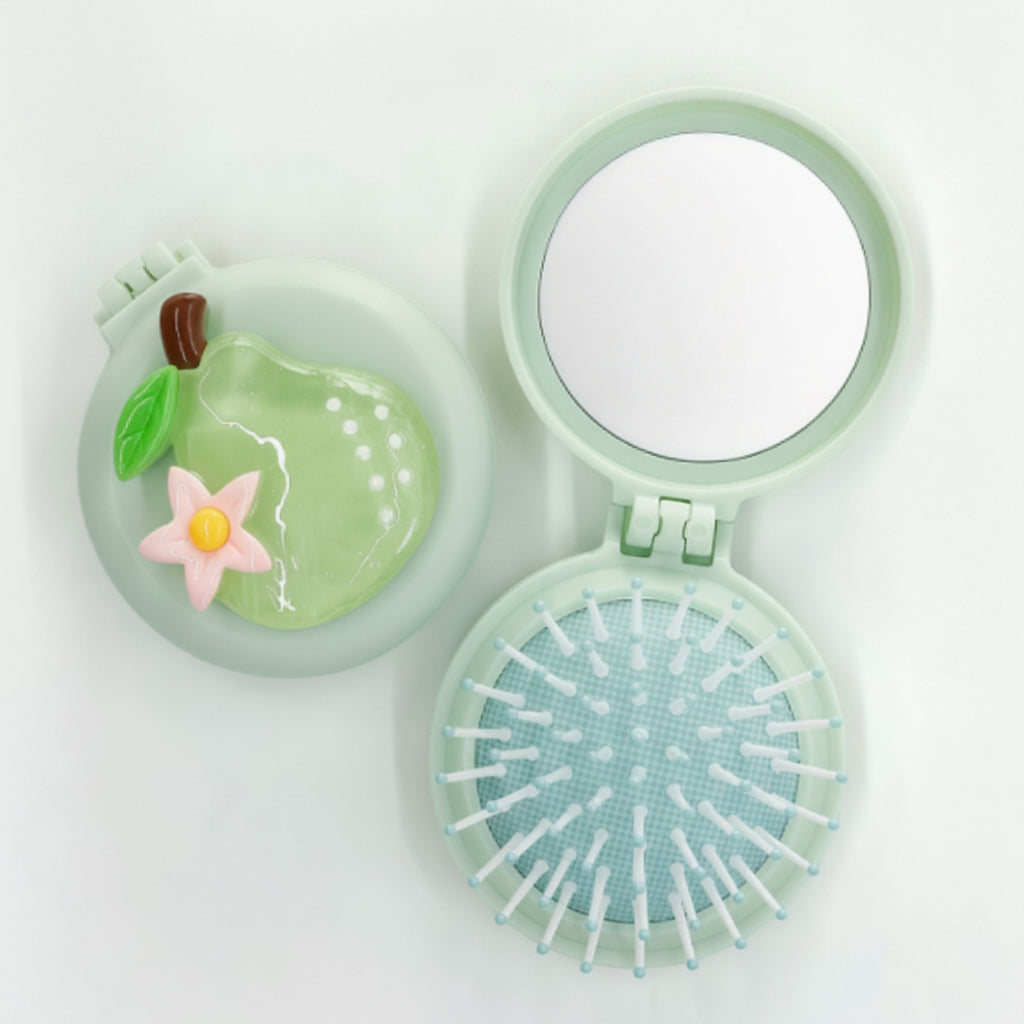 Mint Green Compact Mirror & Folding Hair Brush – Korean beauty tool (view 1)