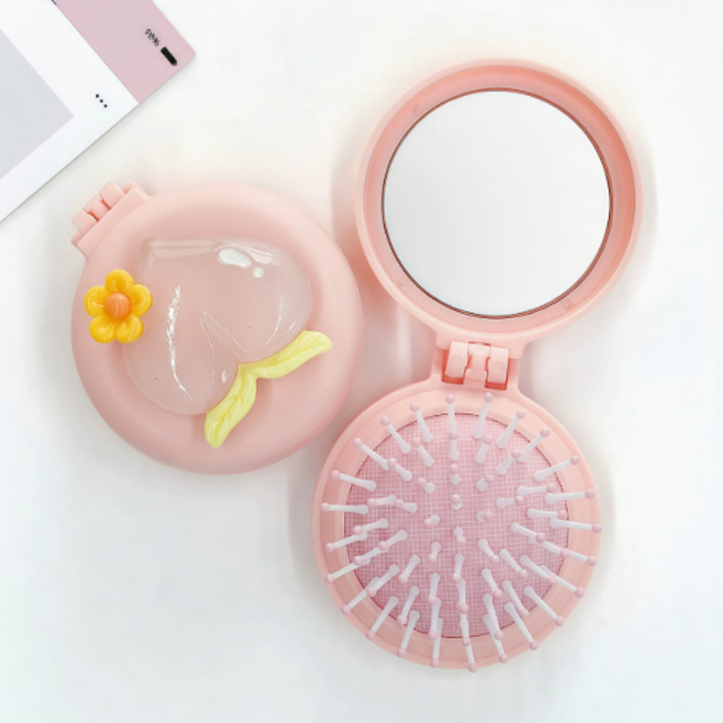 Pink Flower Compact Mirror With Hair Brush