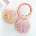 Pink Flower Compact Mirror With Hair Brush