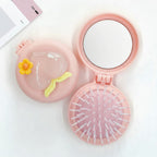 Pink Flower Compact Mirror With Hair Brush