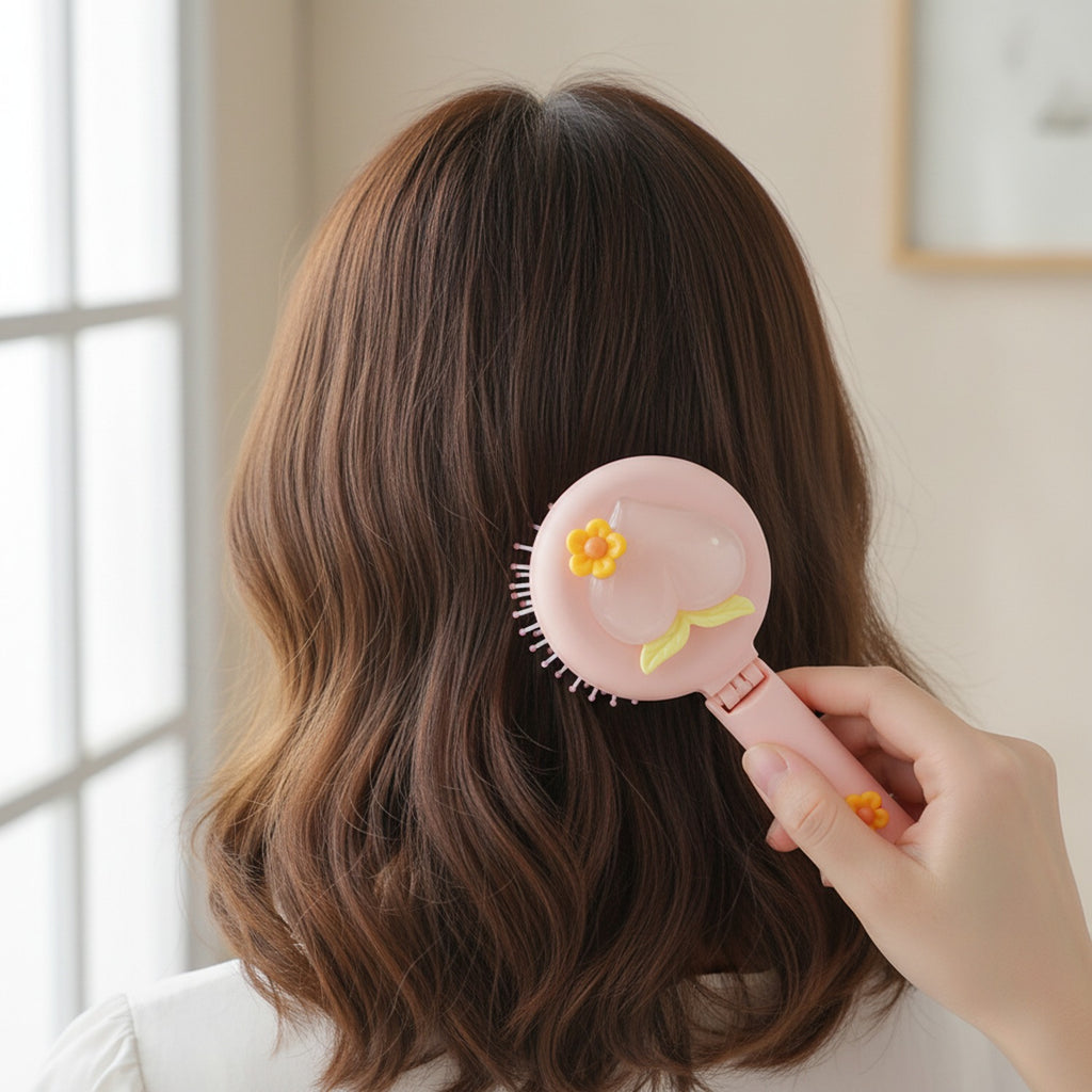 Pink Flower Compact Mirror With Hair Brush