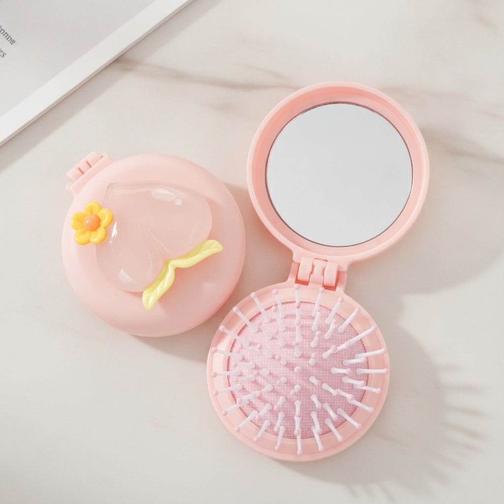 Pink Flower Compact Mirror & Folding Hair Brush – Korean beauty tool (view 2)