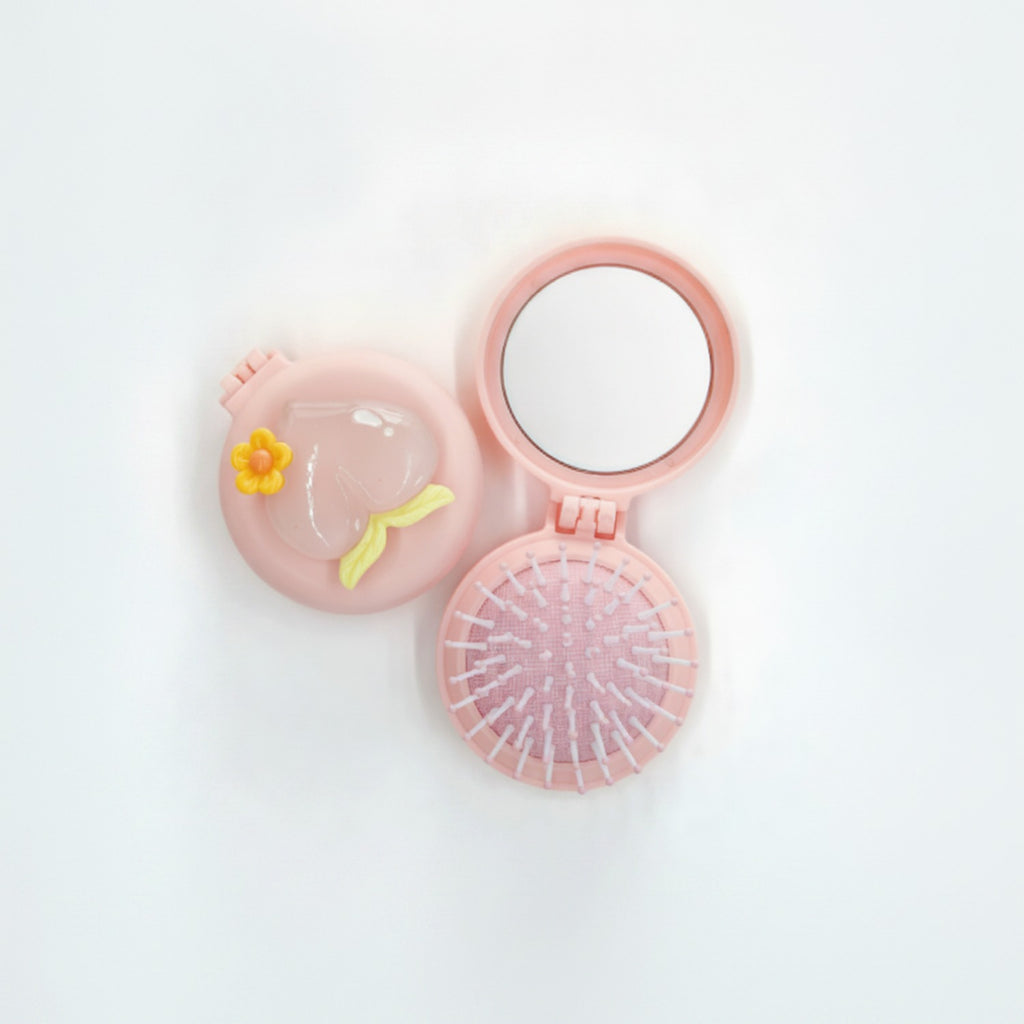 Pink Flower Compact Mirror & Folding Hair Brush – Korean beauty tool (view 1)