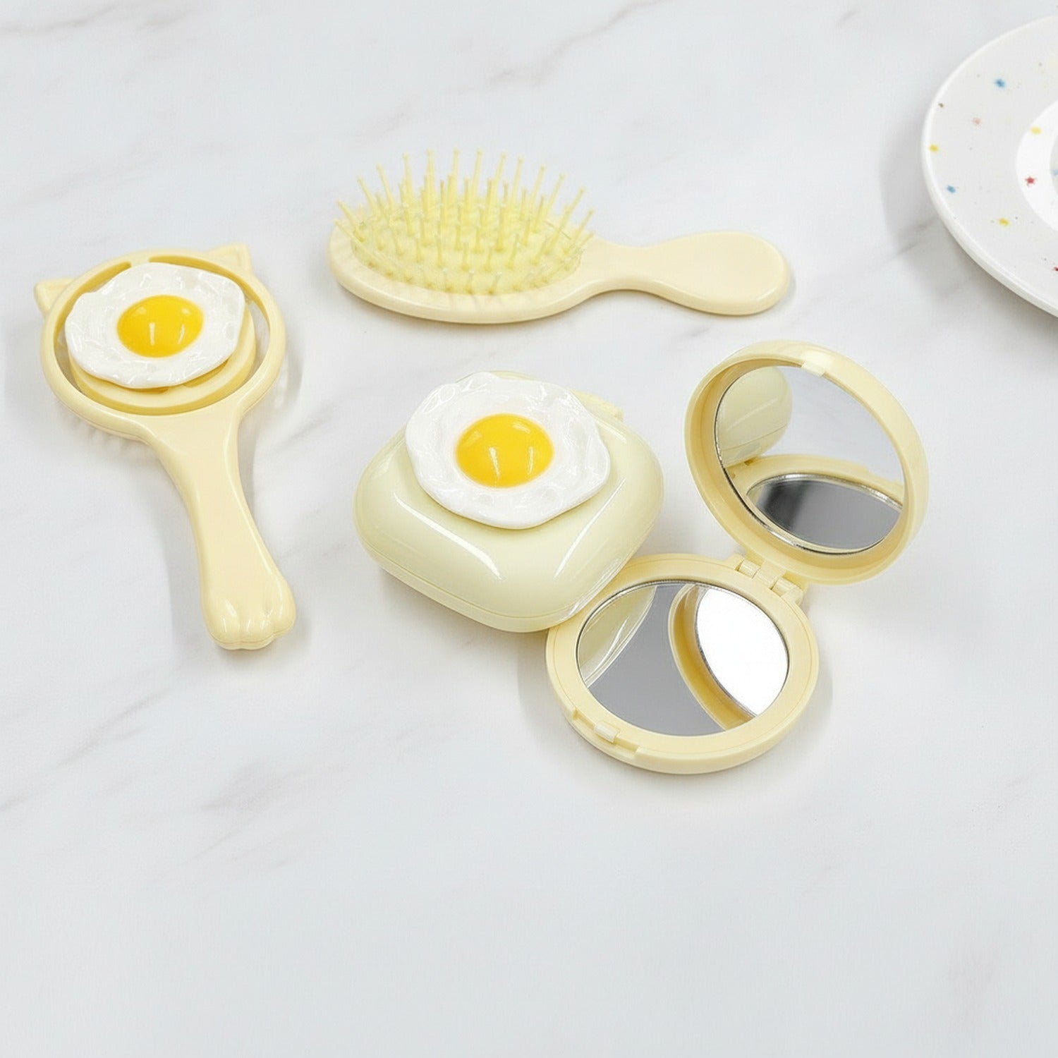 Fried Egg Compact Mirror & Folding Hair Brush - Yellow