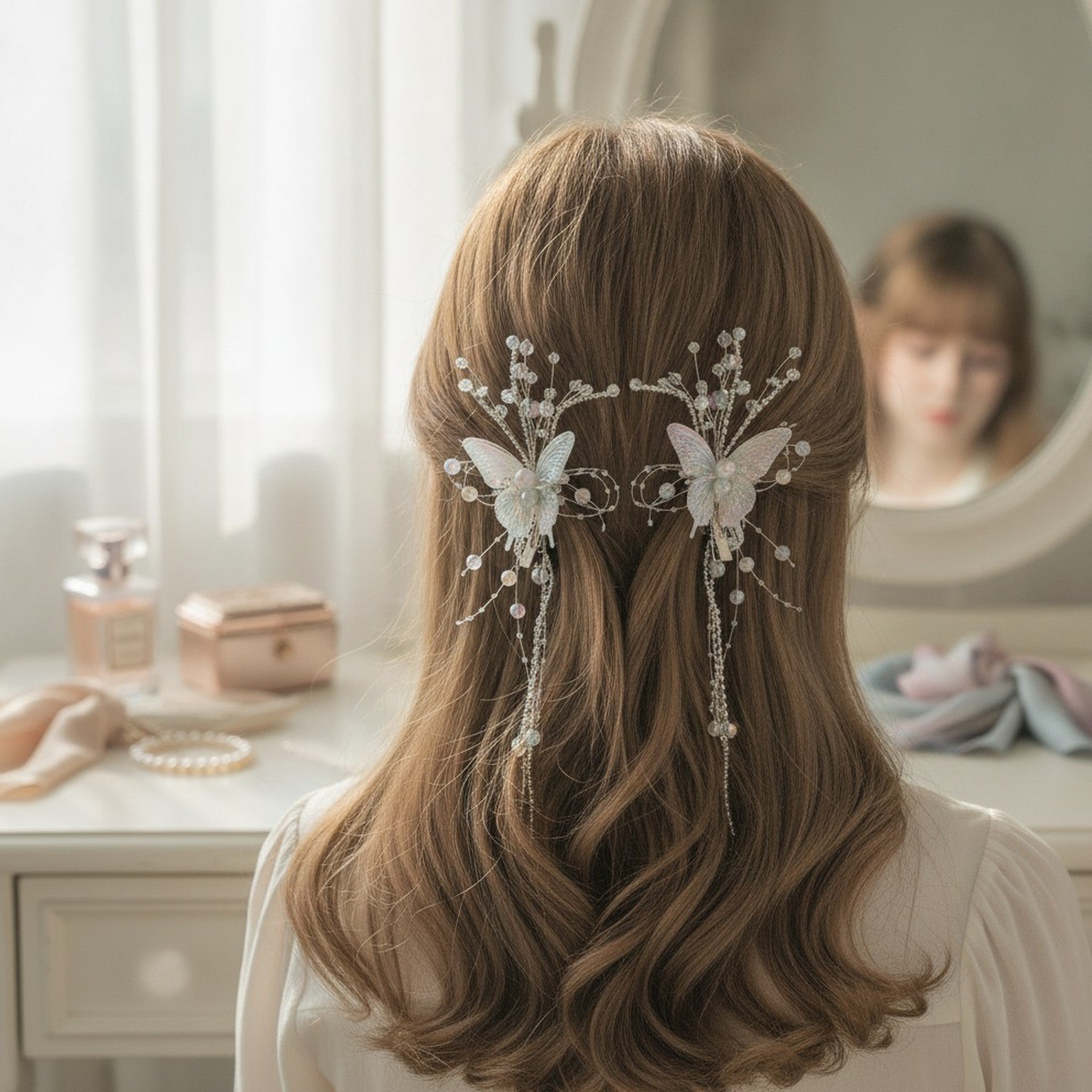 Iridescent Butterfly Beaded Dangle Hair Clips – hair accessories (view 4)