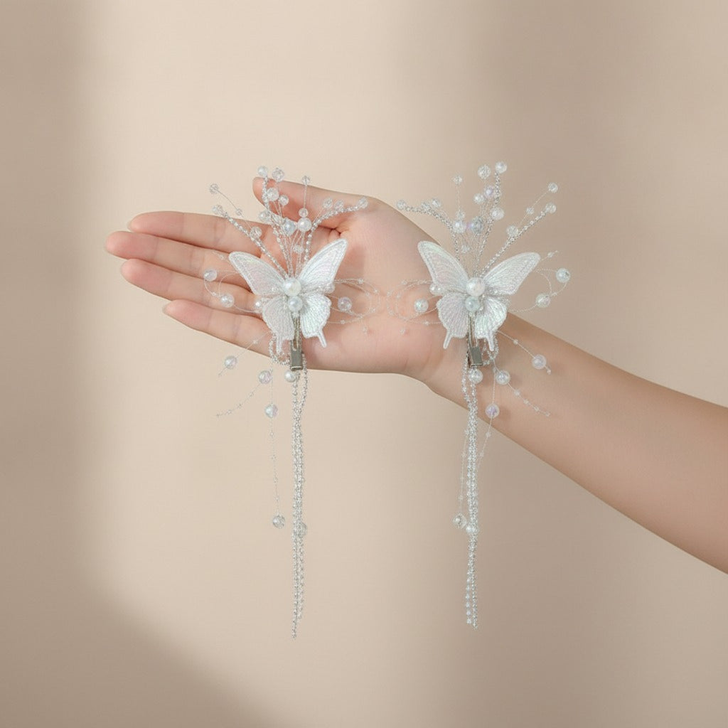 Iridescent Butterfly Beaded Dangle Hair Clips – hair accessories (view 5)