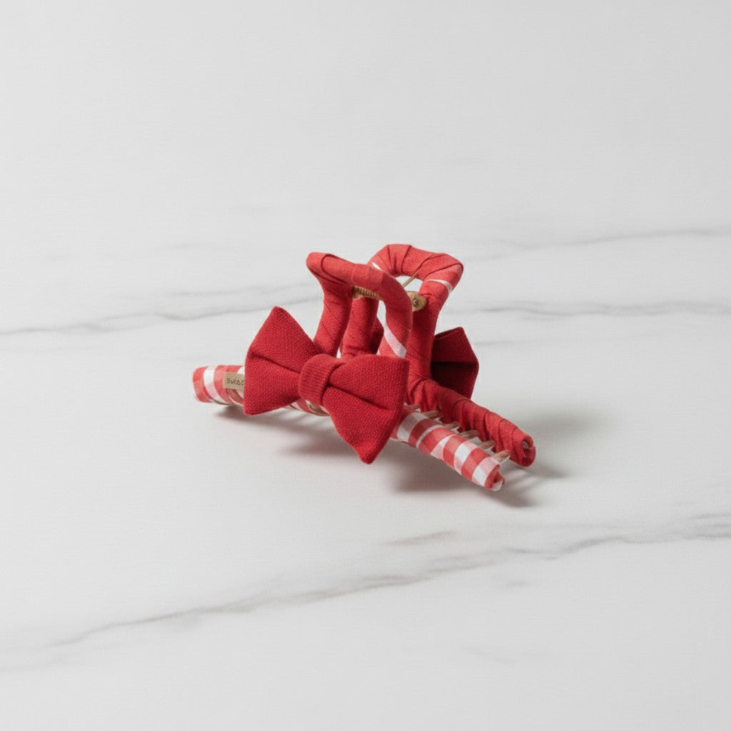 Red Gingham Hair Claw With Bow And Apple Charm – hair accessories (view 3)