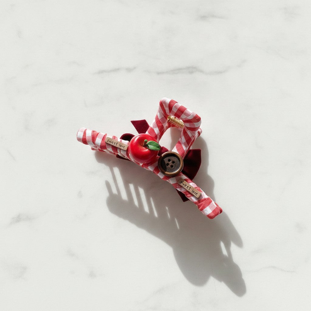 Red Gingham Hair Claw With Bow And Apple Charm