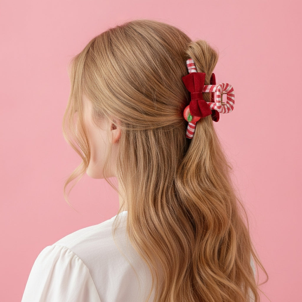 Red Gingham Hair Claw With Bow And Apple Charm – hair accessories (view 2)