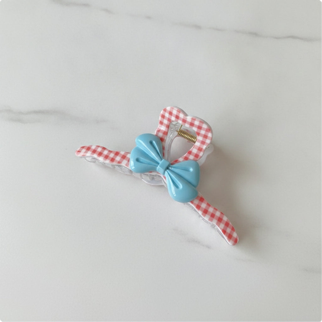 Red Gingham Heart Claw With Turquoise Bow – hair accessories (view 2)