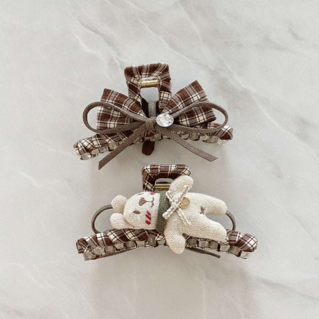 Brown Plaid Hair Claws With Teddy Bear Charm – hair accessories (view 2)