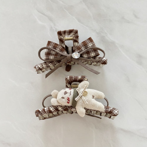 Brown Plaid Hair Claws With Teddy Bear Charm