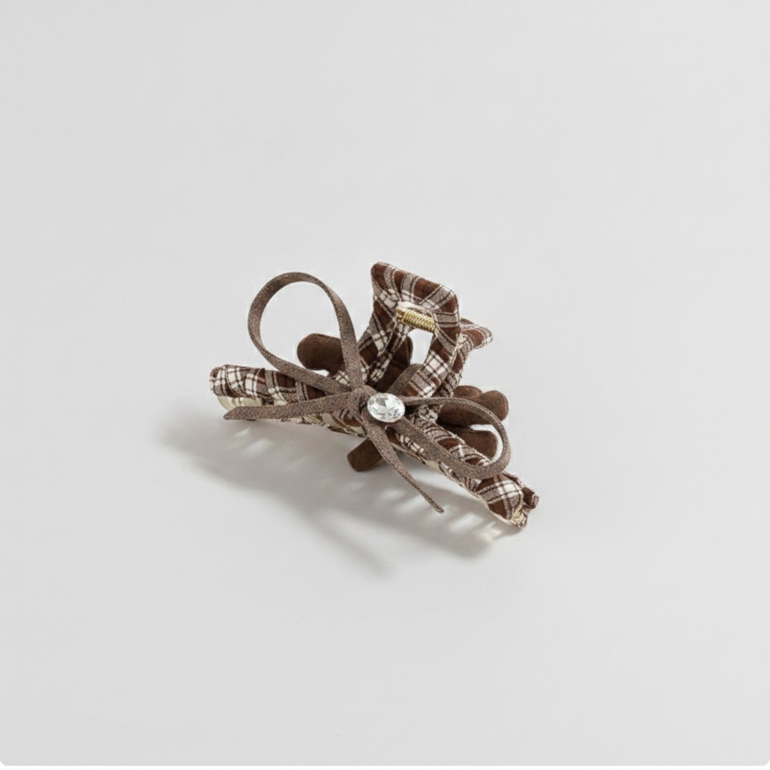 Brown Plaid Hair Claws With Teddy Bear Charm