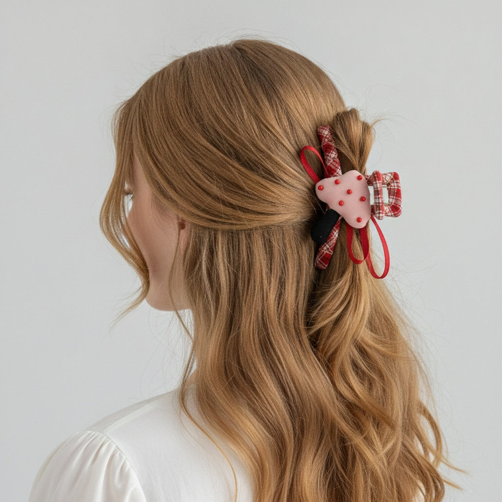 Red Plaid Beaded Heart Hair Claw – hair accessories (view 2)
